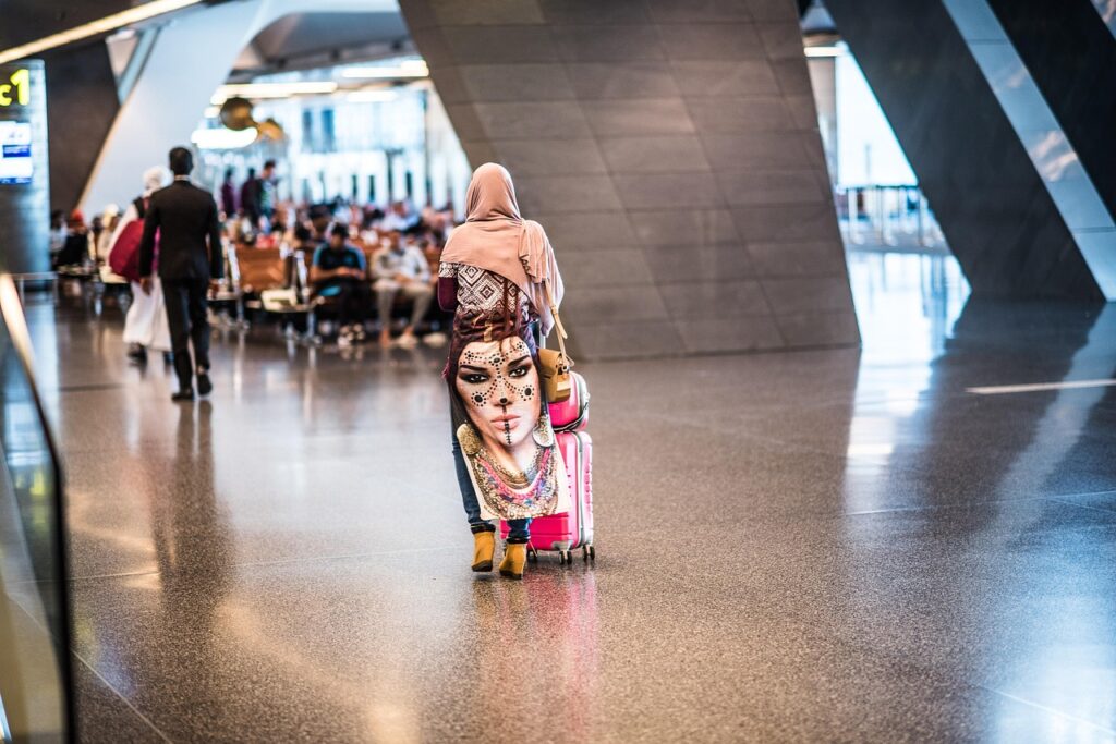 woman, doha, qatar, arab, colorful, airport, hamad international airport, doha, qatar, qatar, qatar, qatar, qatar